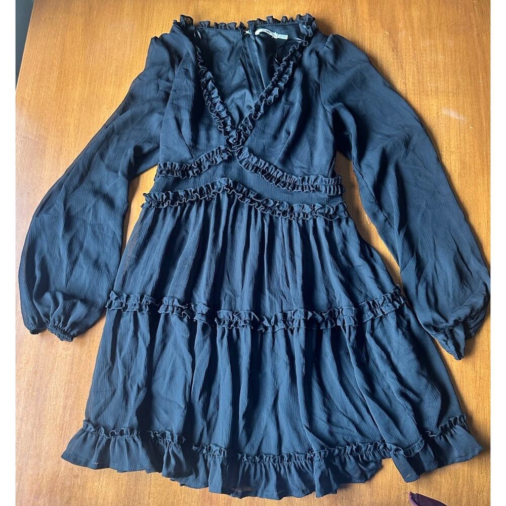 Mi Ami Black Ruffle Fit & Flare Dress V-Neck Balloon Sheer Sleeve Short Size S